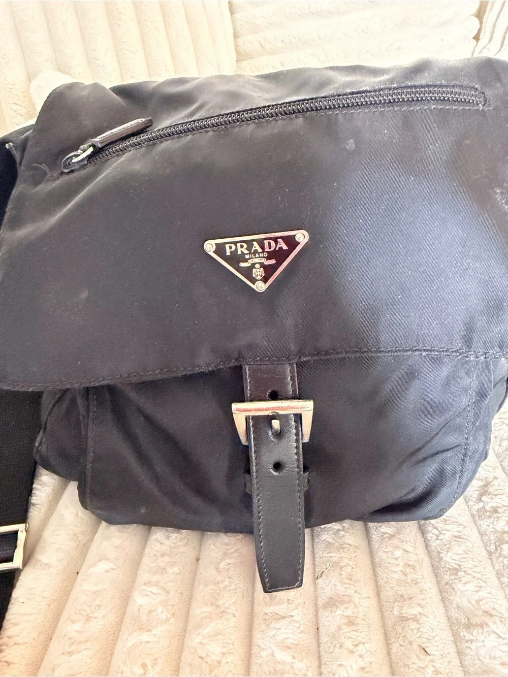 Prada Black Nylon Messenger Bag with Leather Trim